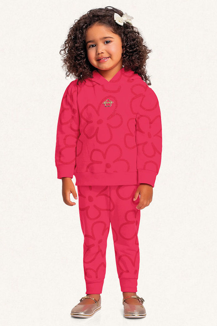 Conjunto blusão com capuz e calça em moletom floral