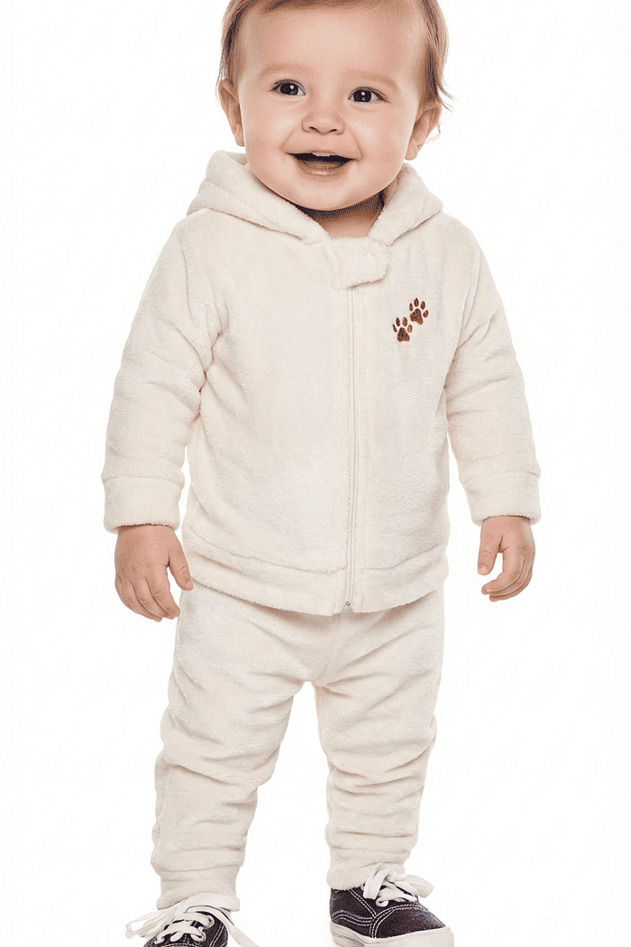 Conjunto jaqueta com capuz e calça em tecido fleece leão