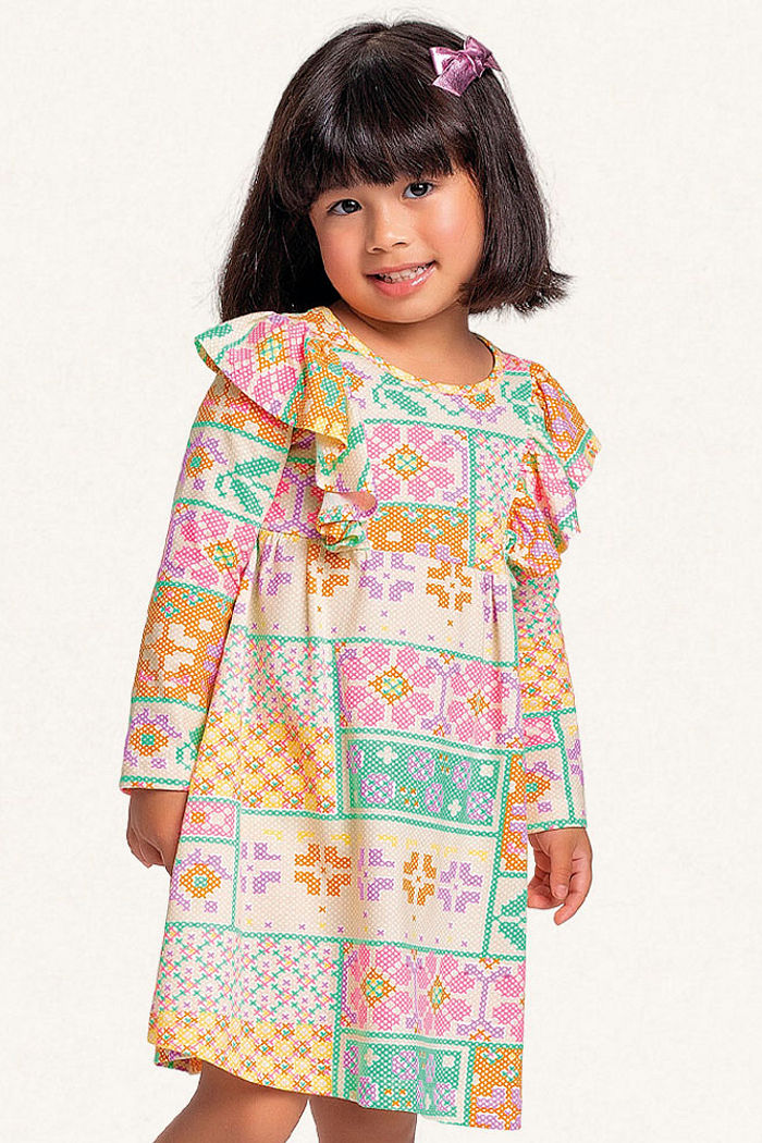 Vestido manga longa em meia malha floral