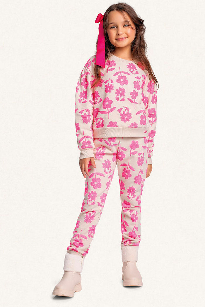 Conjunto blusão e calça em moletom flores