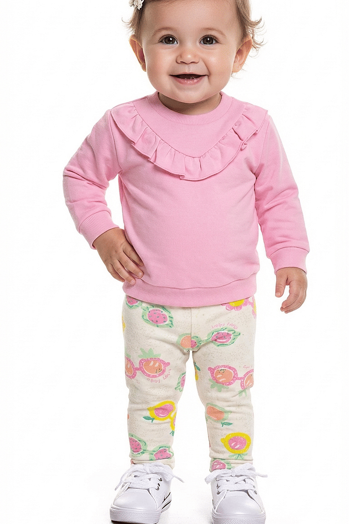 Conjunto blusão em moletom e legging em molecotton linho frutas