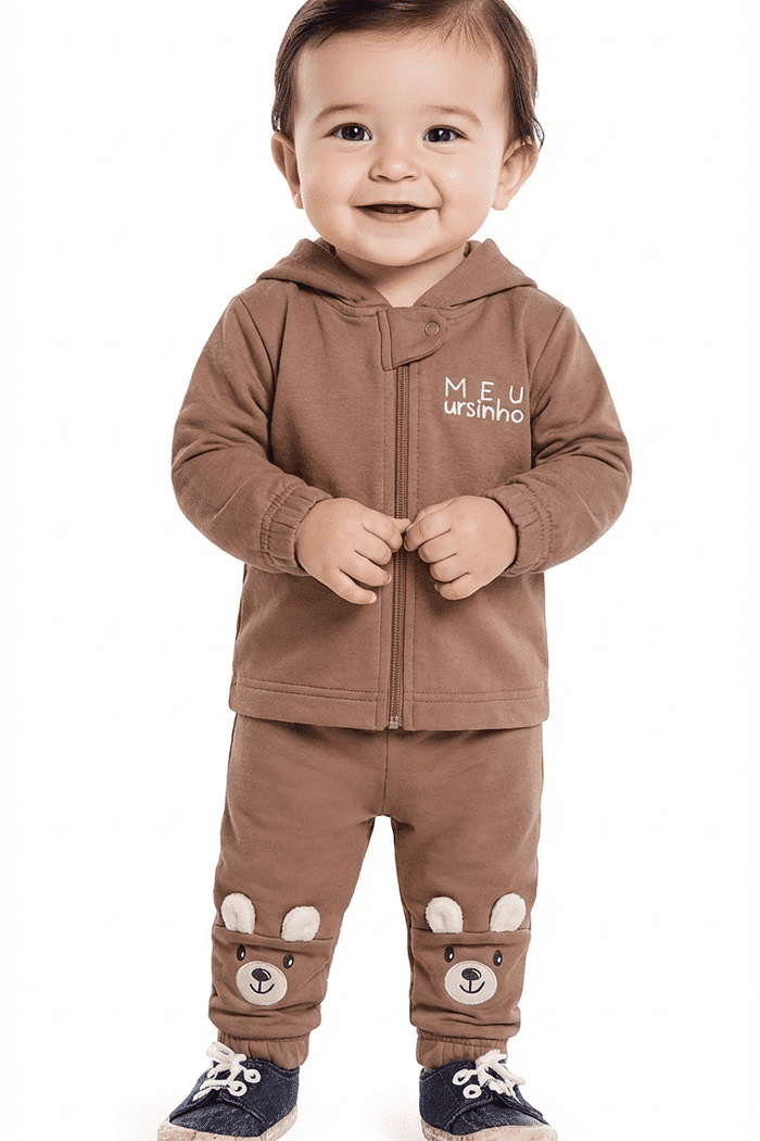 Conjunto jaqueta com capuz e calça em moletom urso