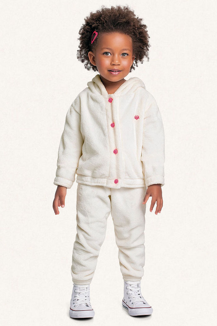 Conjunto casaco aberto com capuz e calça em tecido fleece pompom