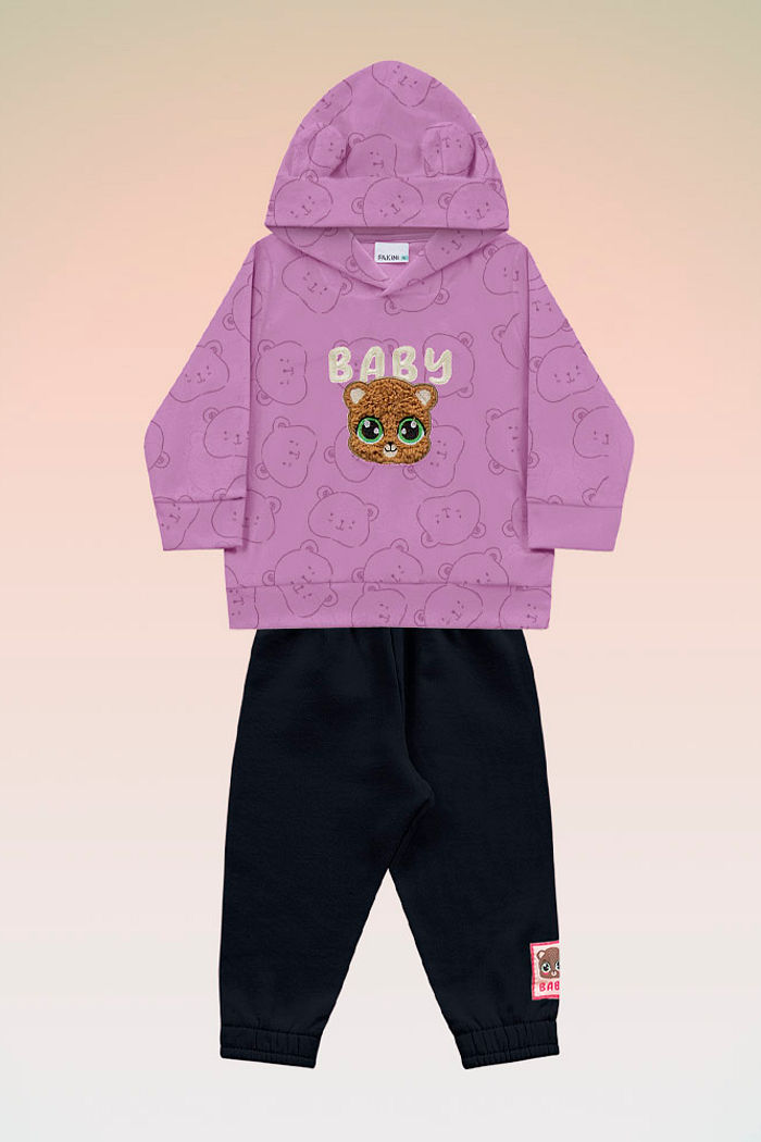Conjunto blusão com capuz em plush poly e calça em moletom