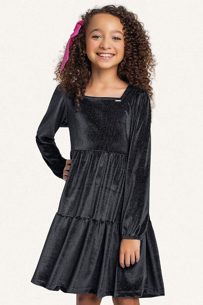 Vestido em plush lurex manga longa