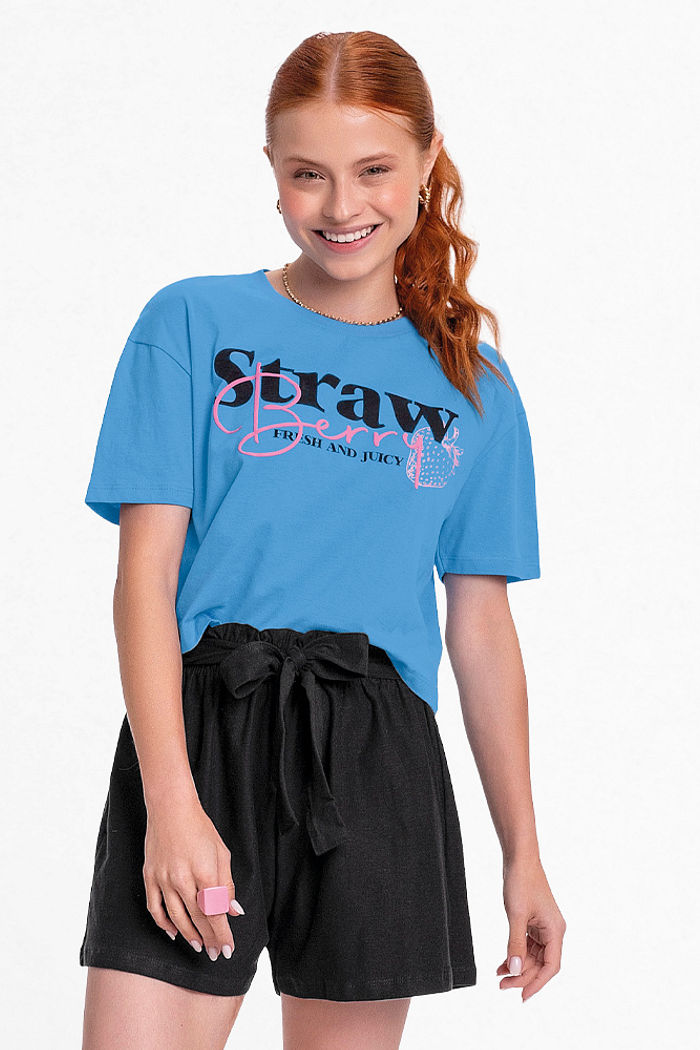 Conjunto blusa silk 3D e short em cotton flamê com amarração