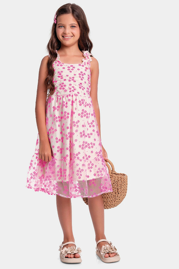 Vestido midi em tecido tule flocking flores