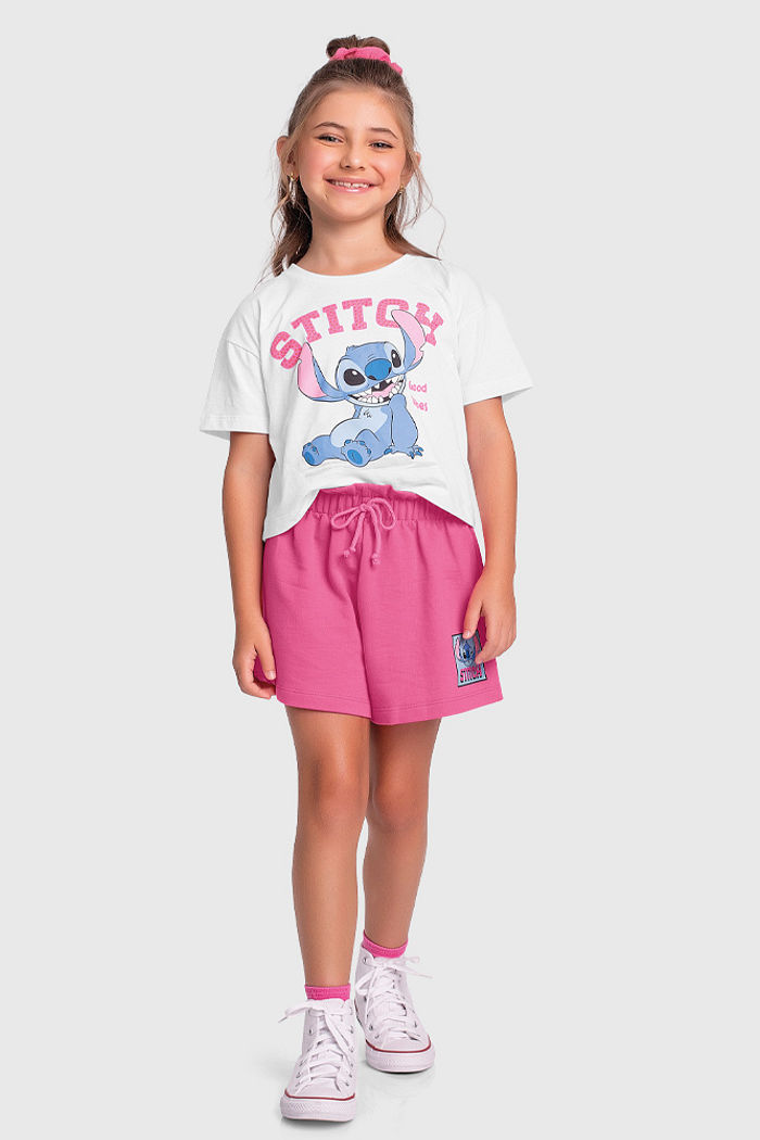 Conjunto blusa Stitch e short em moletinho