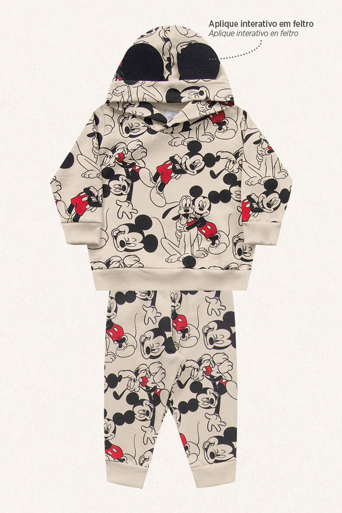 Conjunto blusão com capuz e calça em moletom Mickey