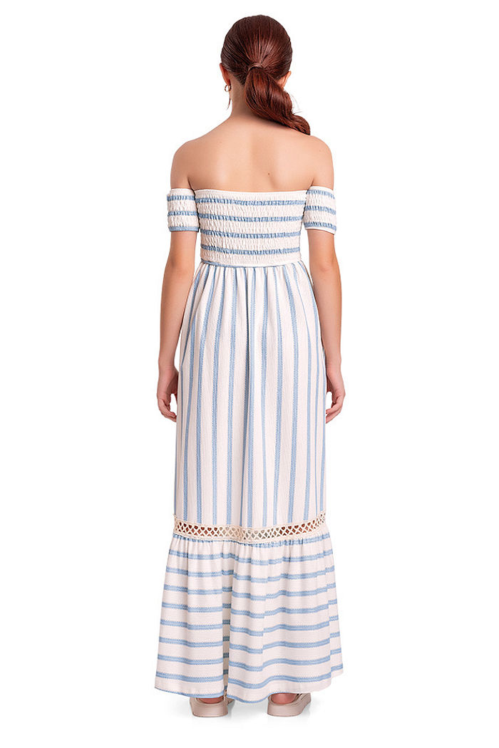 Vestido juvenil longo com lastex e renda listrado