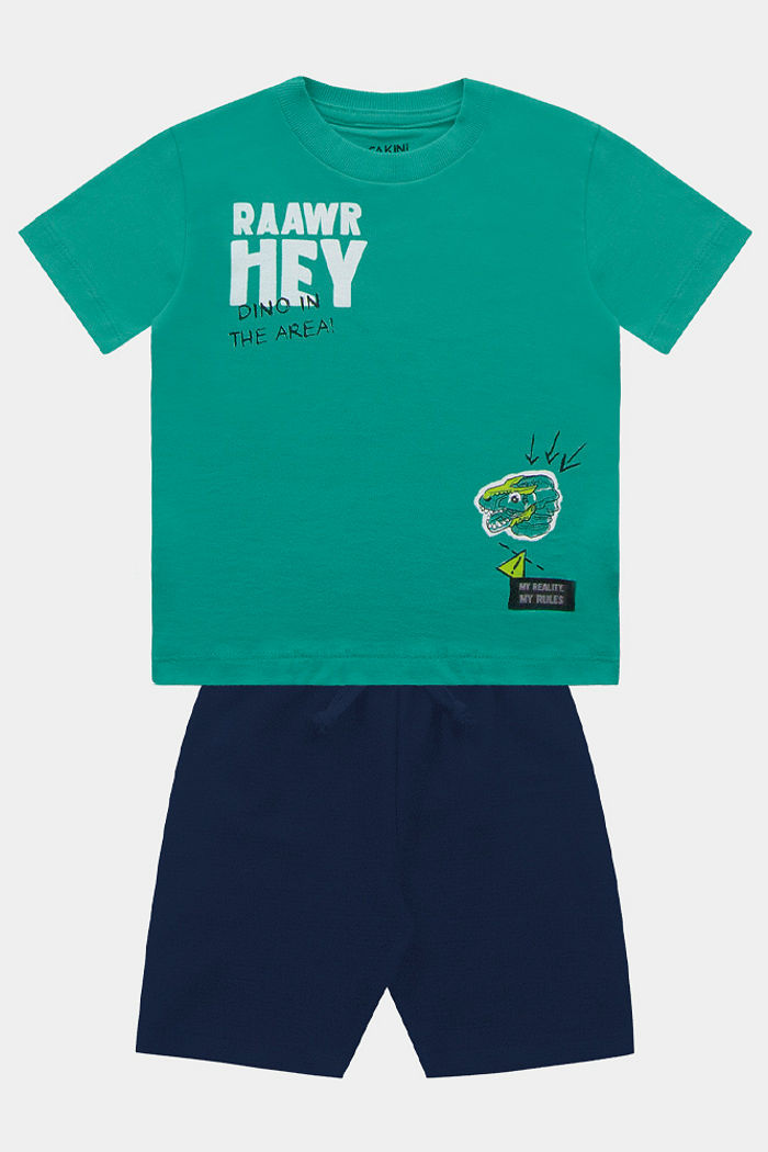 Conjunto camiseta dinossauro e bermuda em moletinho lótus