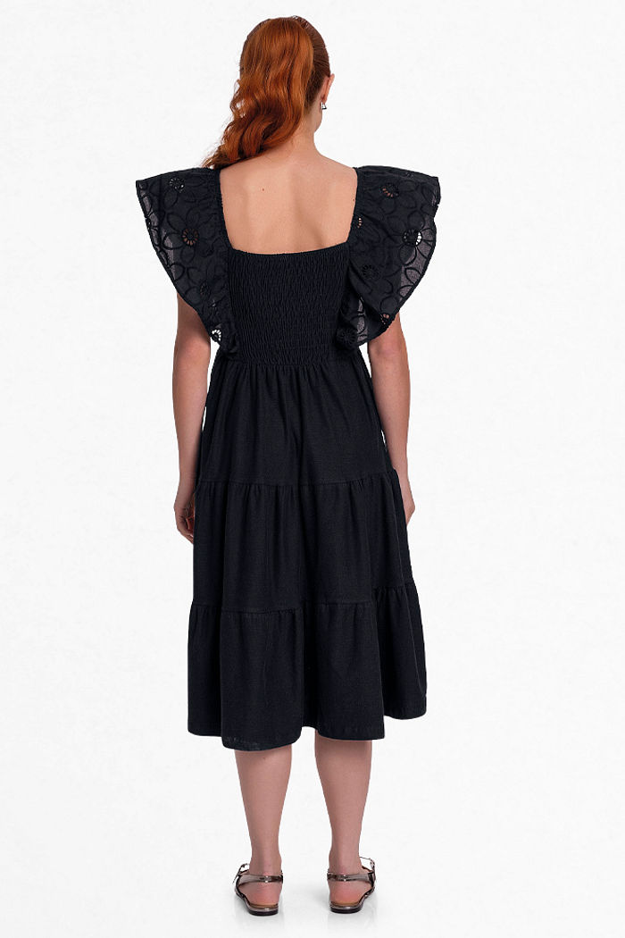 Vestido em cotton flamê com babados em laise e lastex