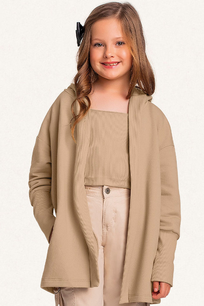 Conjunto top em ribana e casaco aberto com capuz em moletom