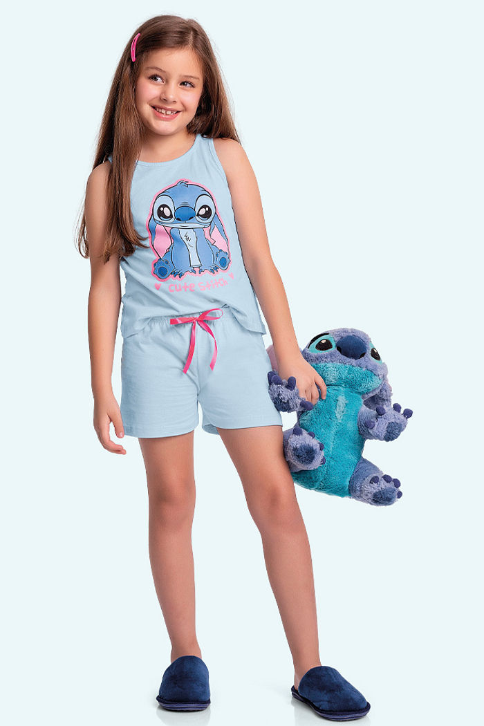 Conjunto pijama regata e short com laço cute Stitch