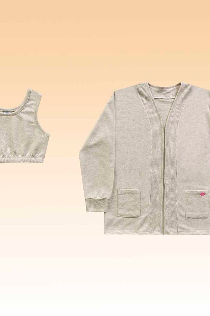 Conjunto top e casaco em moletinho linho