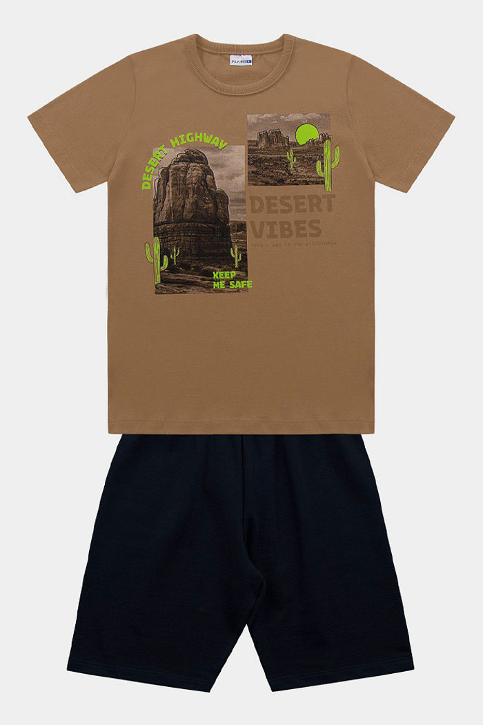 Conjunto camiseta desert e bermuda em moletinho