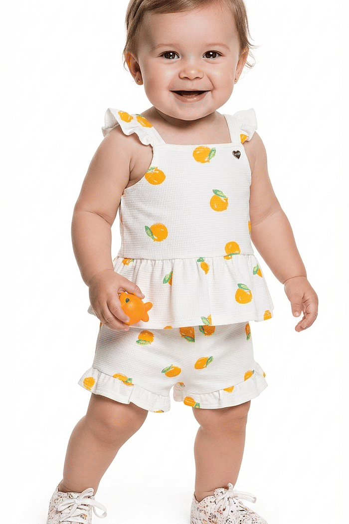 Conjunto regata e short em malha favo frutinhas