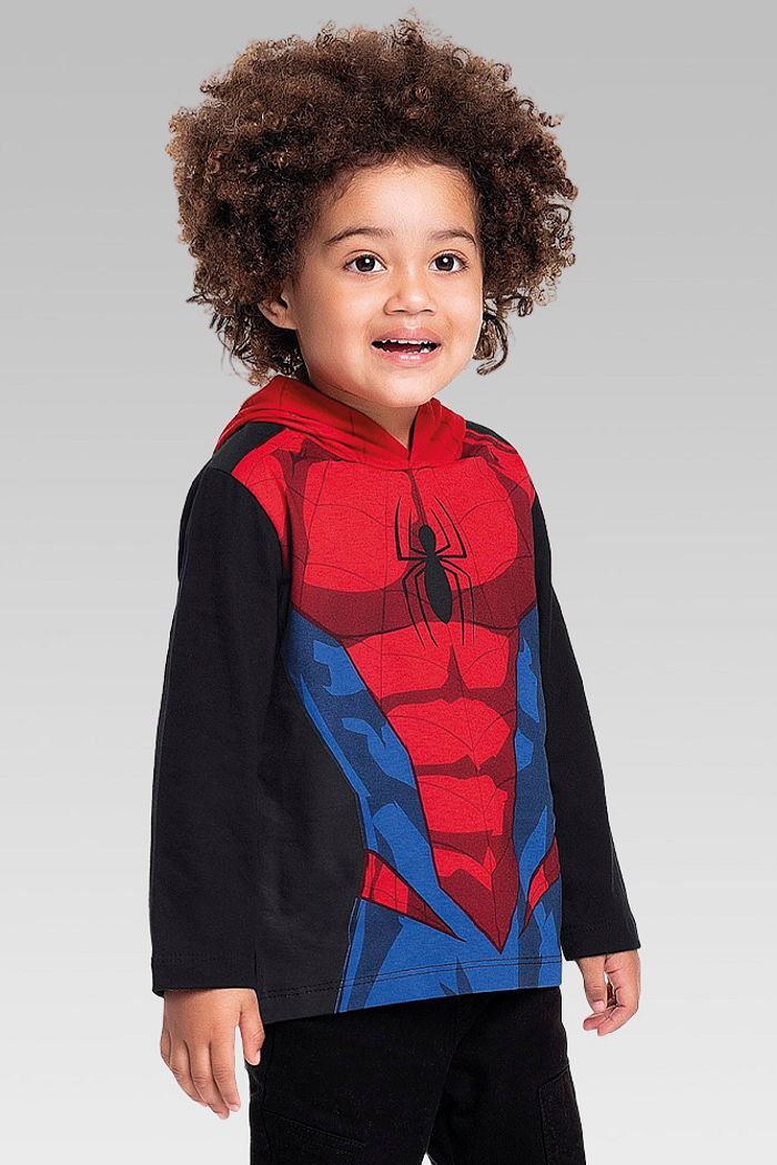 Camiseta manga longa com capuz em meia malha homem-aranha