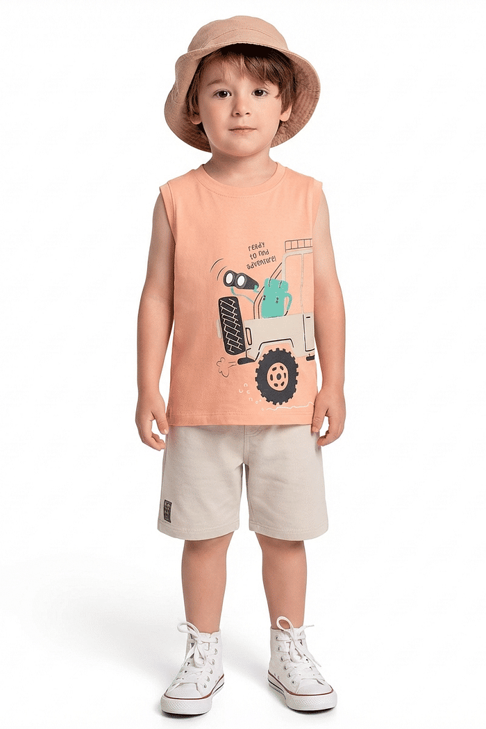 Conjunto regata adventure e bermuda em moletinho flamê