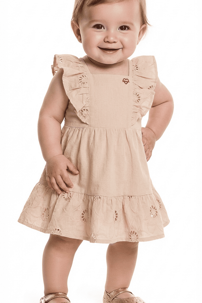 Vestido em cotton flamê com babados em laise