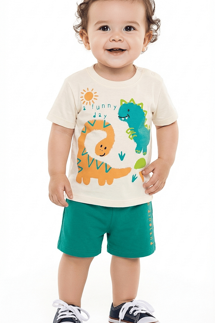 Conjunto camiseta dinos em meia malha e bermuda em moletinho