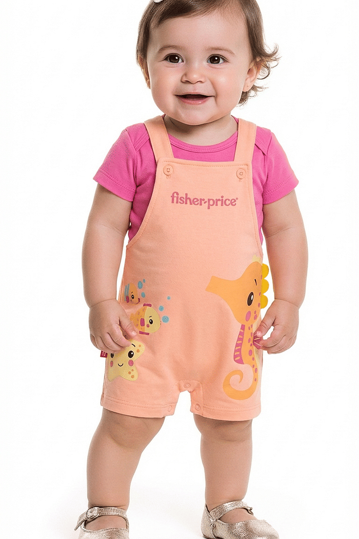 Conjunto body manga curta e macacão de bichinhos