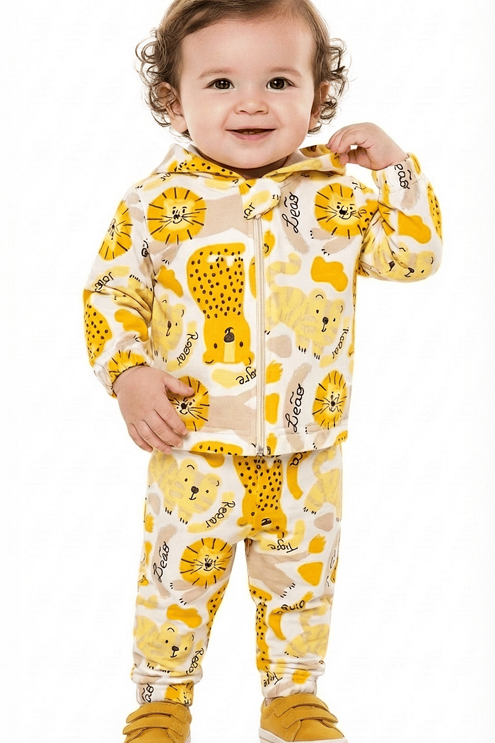 Conjunto jaqueta com capuz e calça em moletom bichinhos