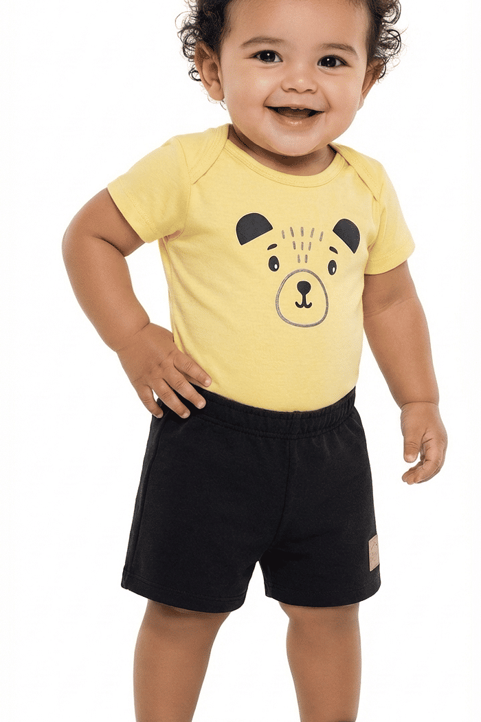 Conjunto body manga curta e bermuda de ursinhos