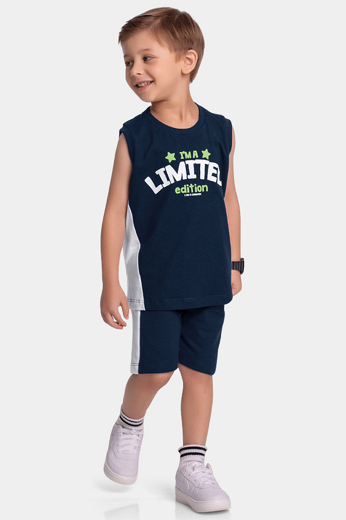 Conjunto regata com silk em relevo 3D e bermuda em moletinho com cadarço