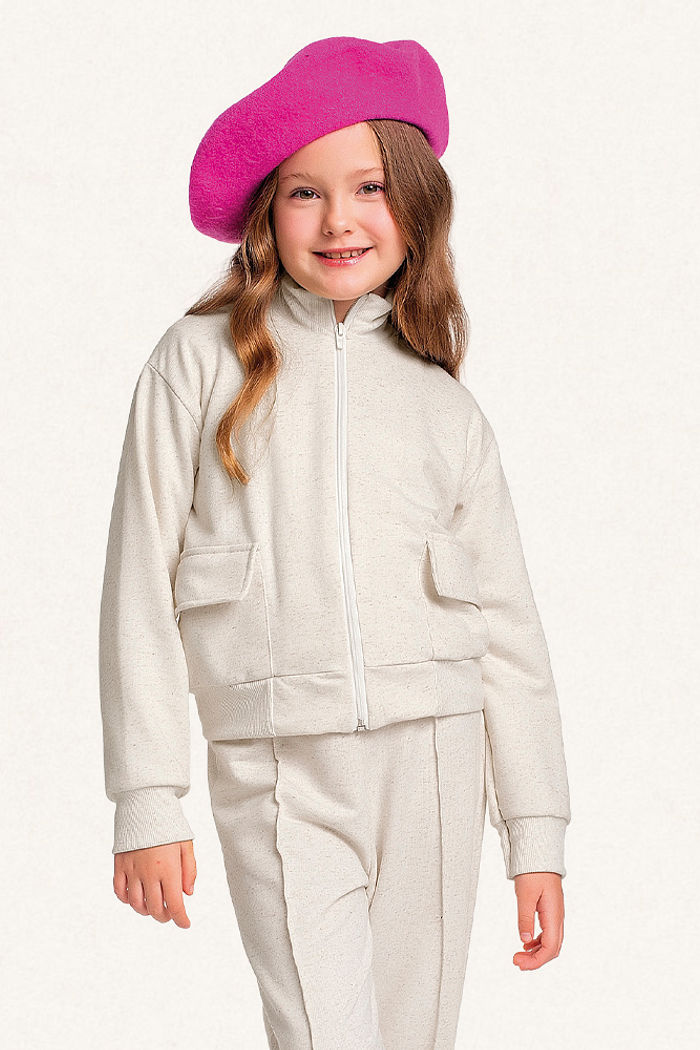 Conjunto jaqueta com bolso e calça wide leg em moletinho linho