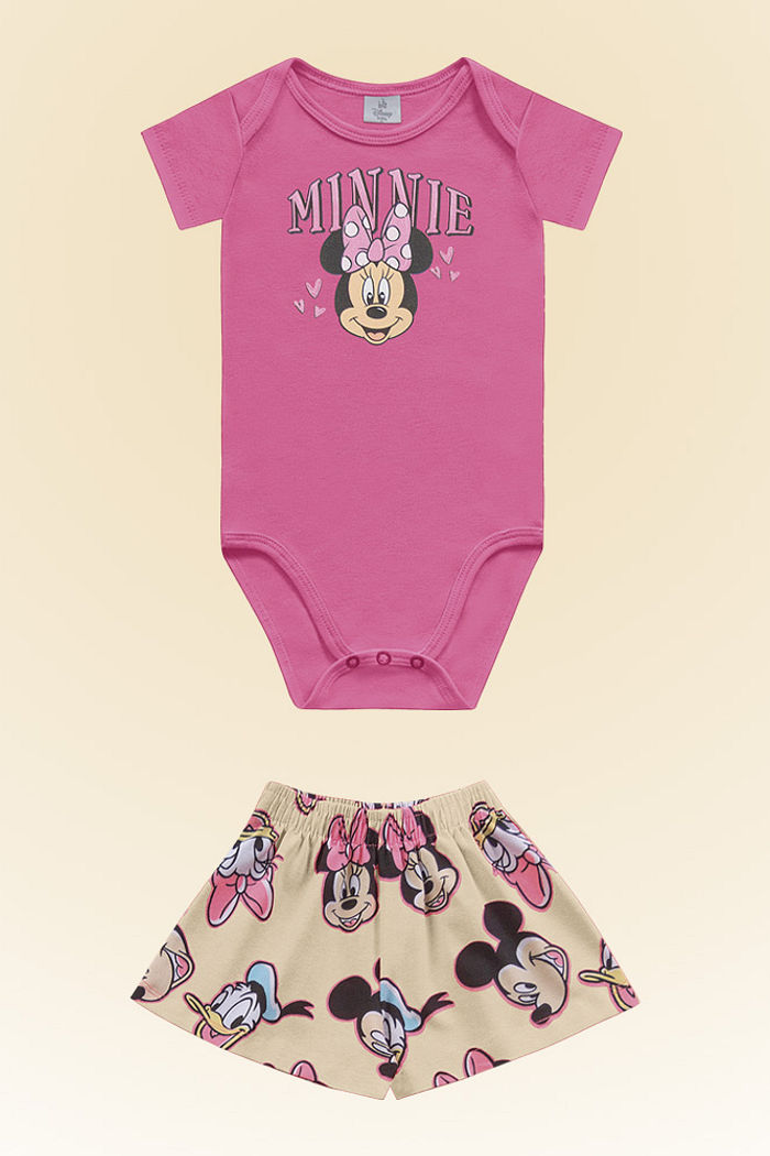 Conjunto body manga curta em suedine e short-saia em cotton leve Minnie