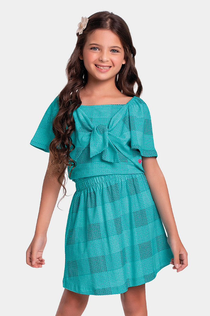 Conjunto blusa e saia com amarração xadrez