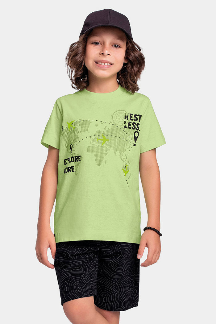 Conjunto camiseta explore e bermuda em moletinho com bolso