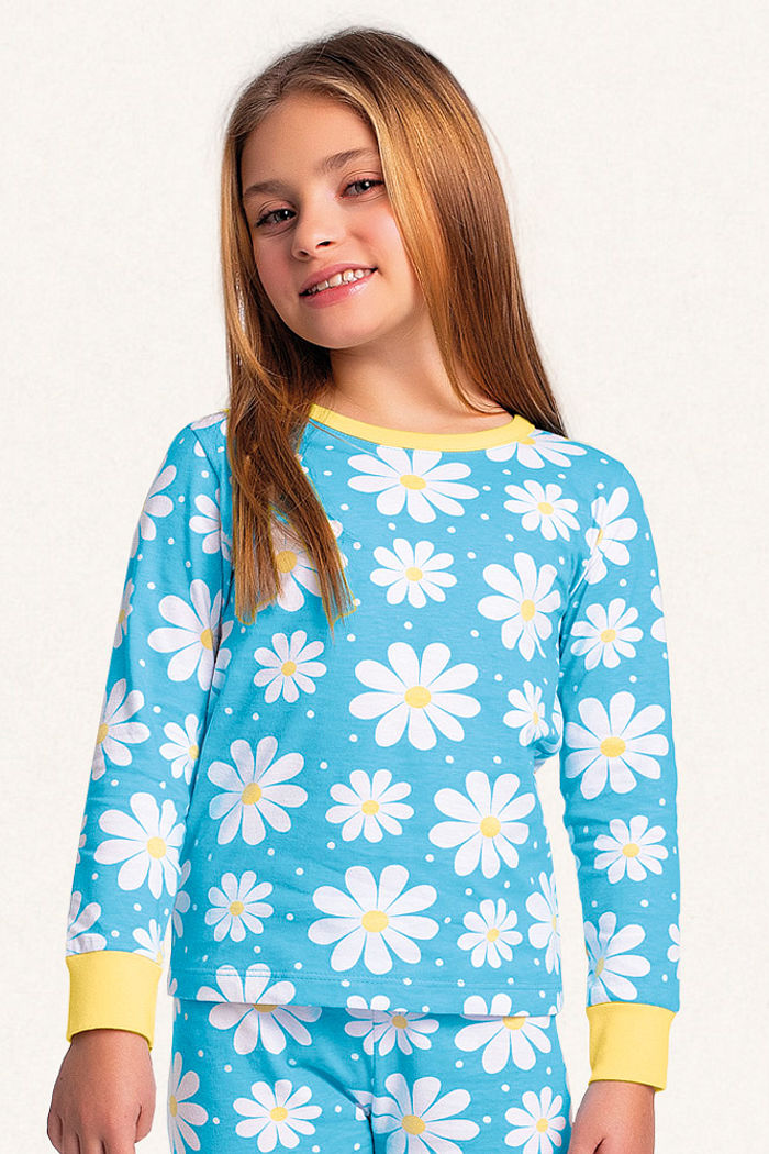Conjunto pijama blusa manga longa e calça em meia malha flores