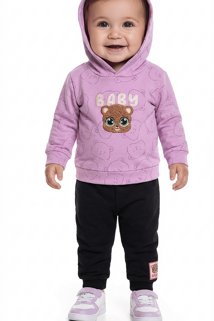 Conjunto blusão com capuz em plush poly e calça em moletom