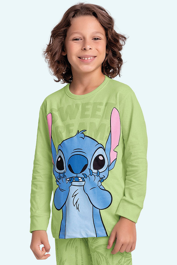 Conjunto pijama camiseta manga longa e calça caribe Stitch