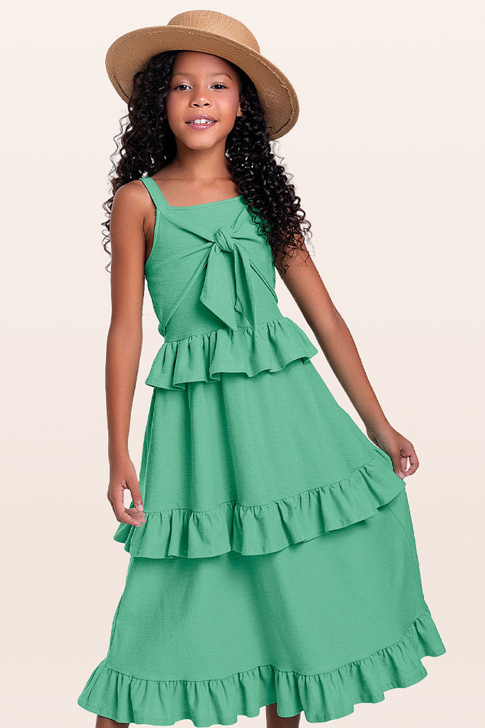 Vestido midi com amarração e babados