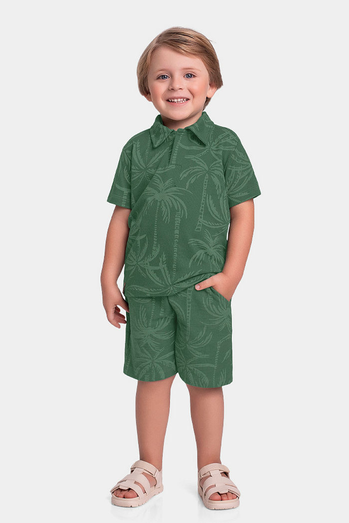 Conjunto camisa polo e bermuda em malha favo caribe