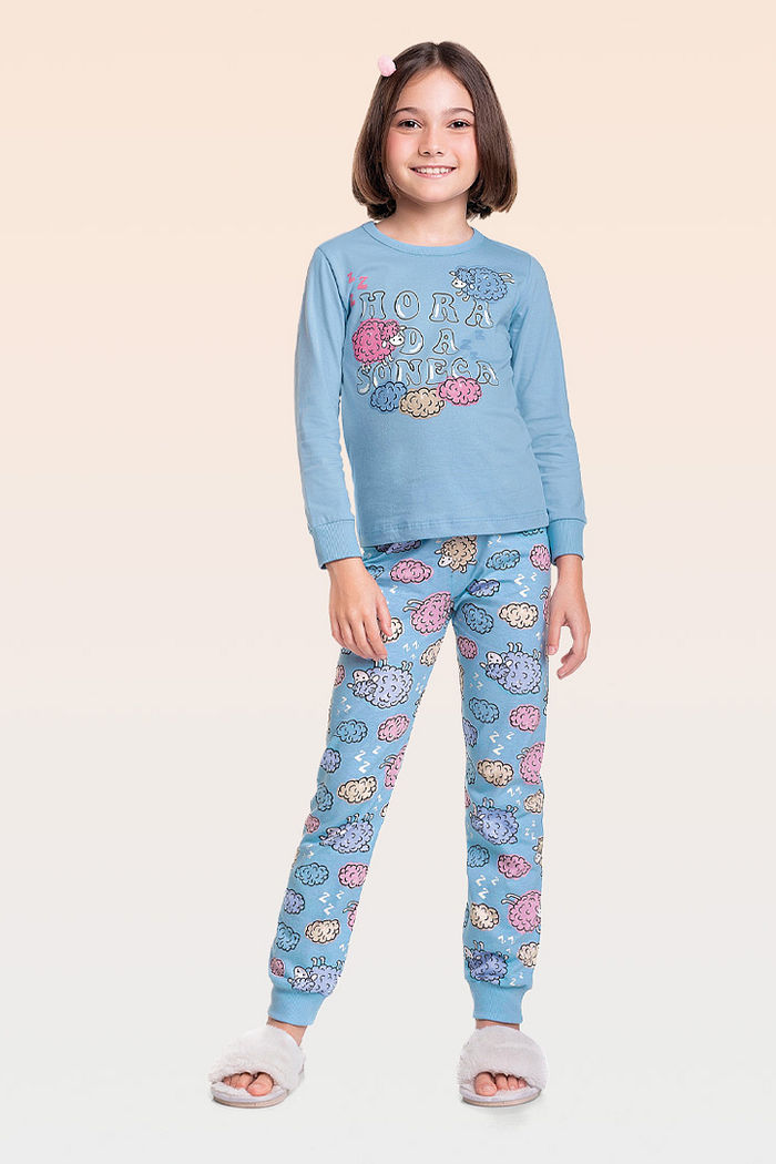 Conjunto pijama blusa manga longa e calça em meia malha