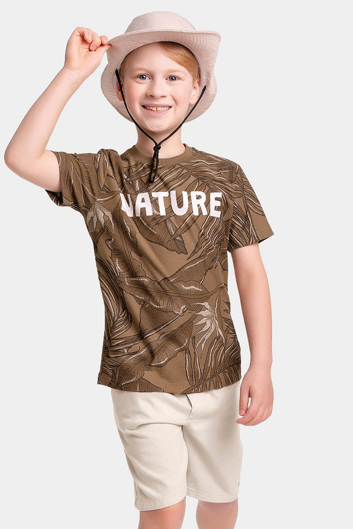 Conjunto camiseta nature em malha flamê e bermuda tingida reativa