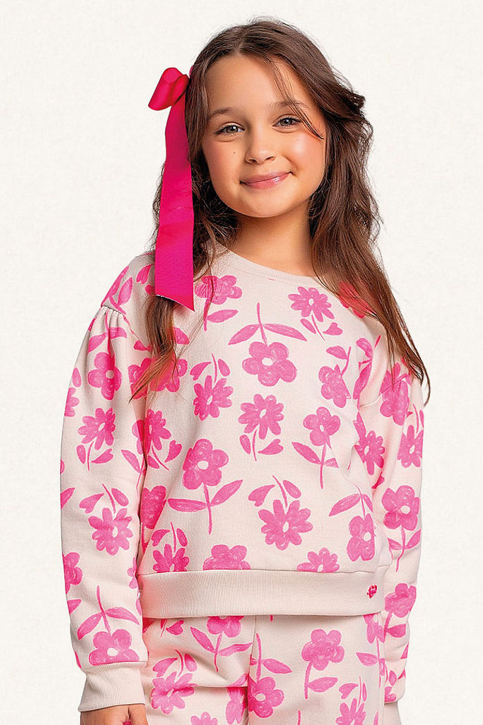 Conjunto blusão e calça em moletom flores