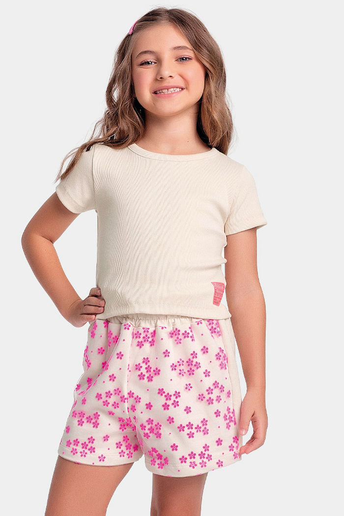 Conjunto blusa em ribana 2x1 e short em tecido tule flocking flores
