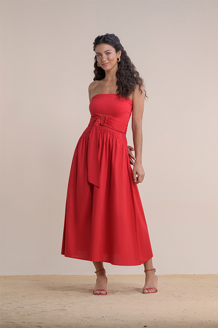 Vestido midi em tricoline com zíper invisível nas costas
