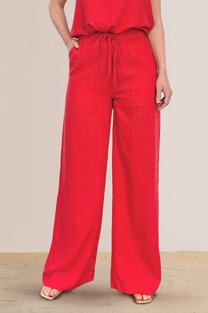 Calça wide leg linho com elástico na cintura e laço decorativo