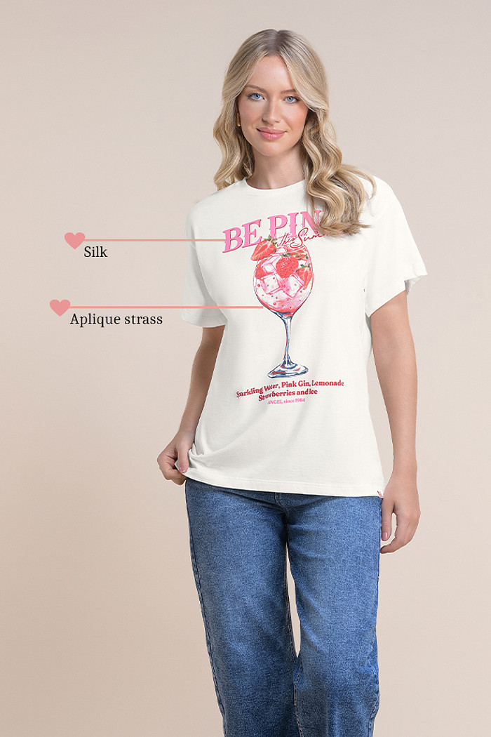 Blusa meia malha com silk e aplique de strass