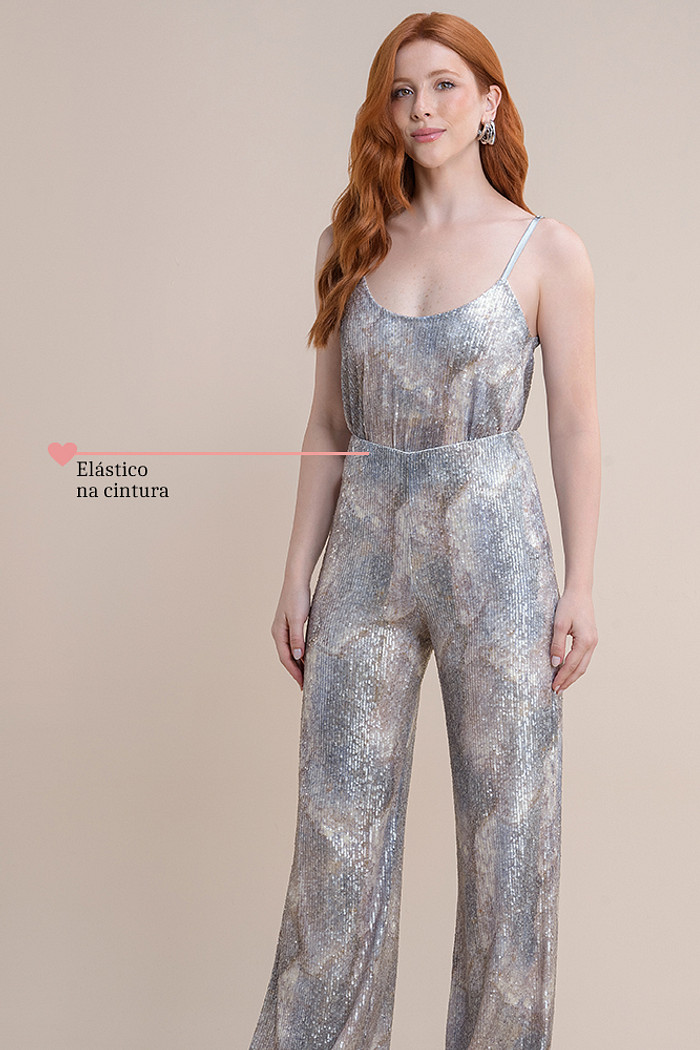 Calça em paetê estampado com elástico na cintura