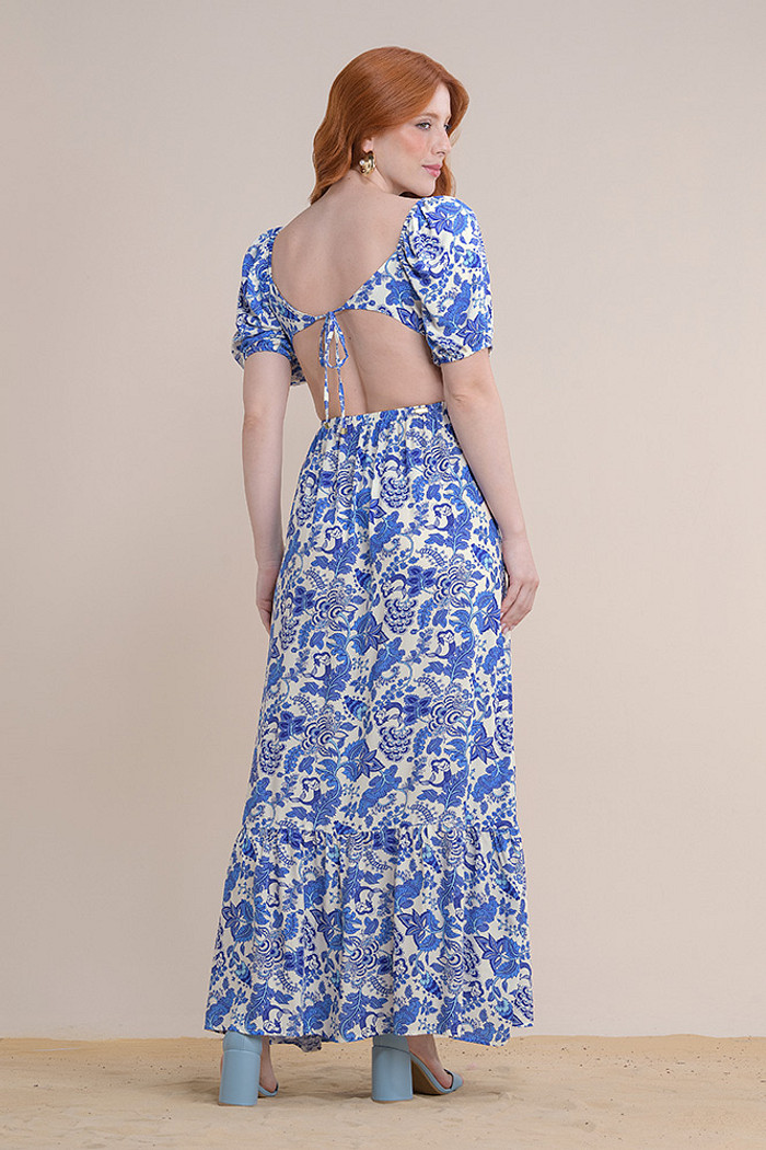 Vestido longo viscose com amarração na cintura