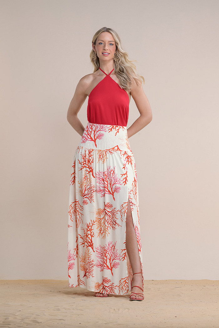 Saia longa com fenda lateral viscose estampada