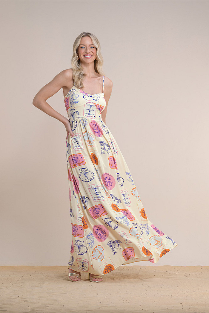 Vestido longo viscose estampada