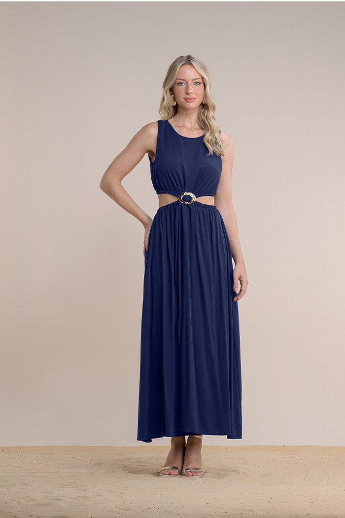 Vestido longo em viscose com fivela decorativa